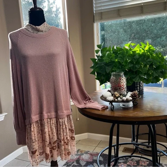 FREE PEOPLE: Sweet Escape Thermal Waffle Knit Layered Floral Chiffon Dress..NWT - Picture 5 of 11